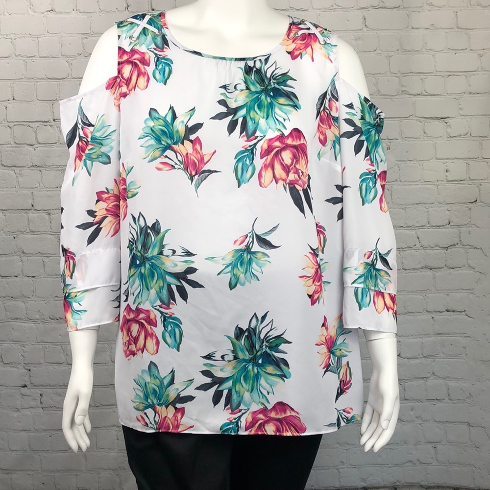 JM Collection White Floral Semi Sheer Top Size XXL